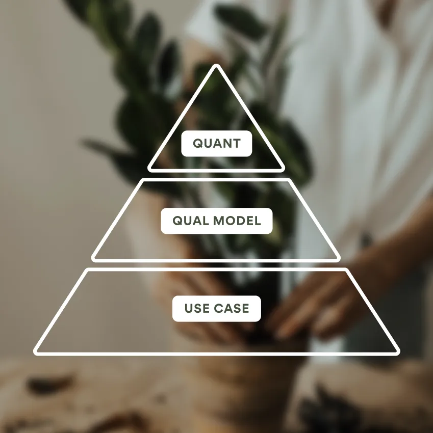 3-tier pyramid diagram with a plant background. Bottom tier: Use Case
Middle tier: Qualitative
Top Tier: Quantitative