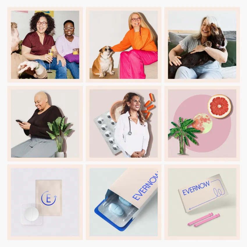 A grid of 9 Instagram-format images showing various women and Evernow product images