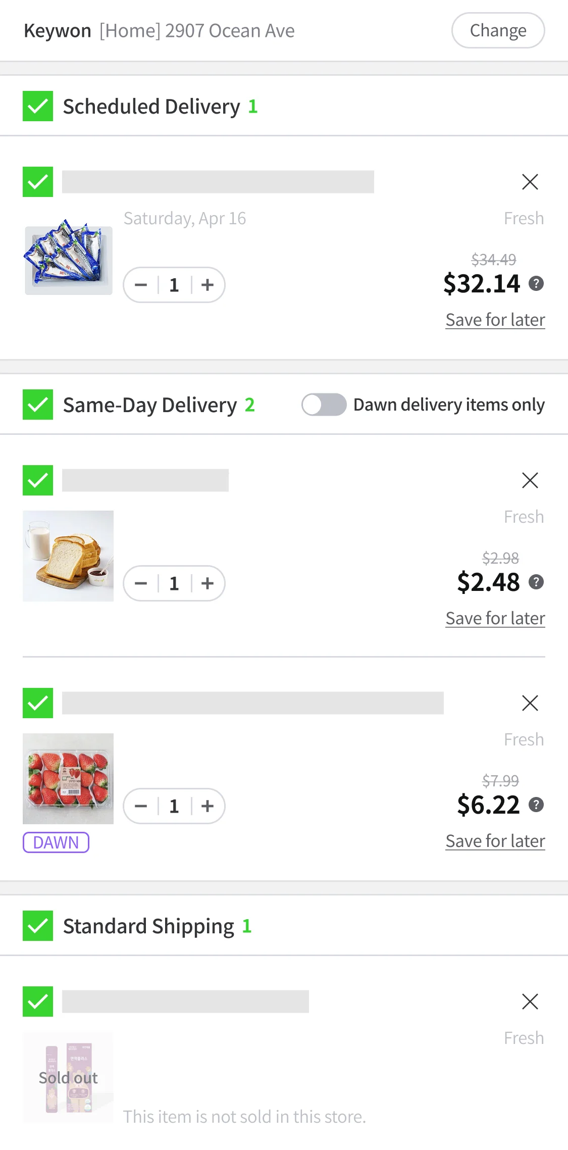 Scheduled Delivery item (1), Same-Day Delivery items (2), Standard shipping item (1)