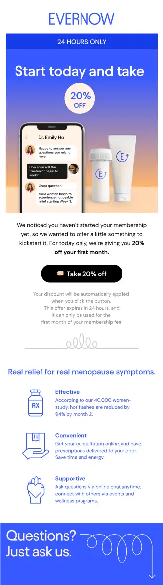 Email S3E03: Start today and take 20% off. 24 hours only.