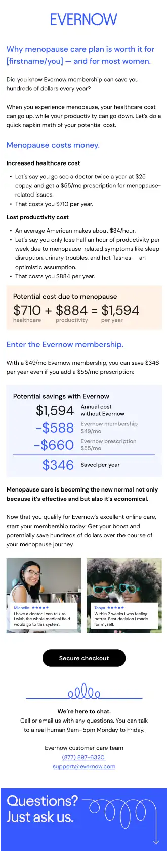 Email S3E09: Why menopause care plan is worth it for [firstname/you] — and for most women.
