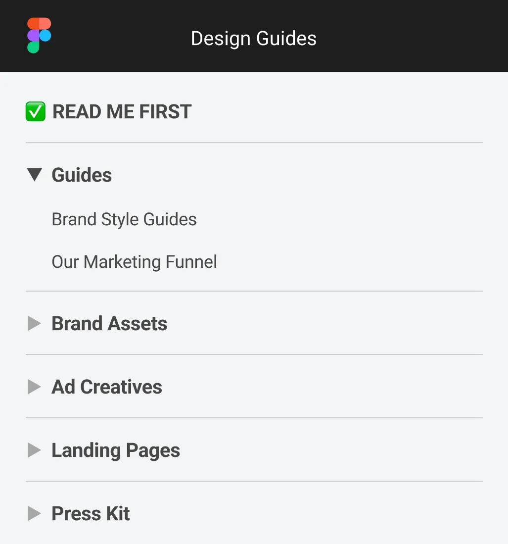 Design Guides Figma FIle:
Read me first
Guides: Brand style guides, Our marketing funnel
Brand assets
Ad creatives
Landing pages
Press kit