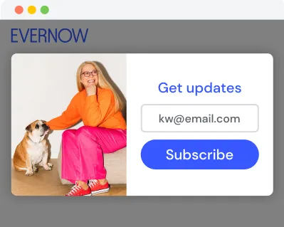 Evernow homepage with a modal popup that says "Get updates: Sign up for our emails"