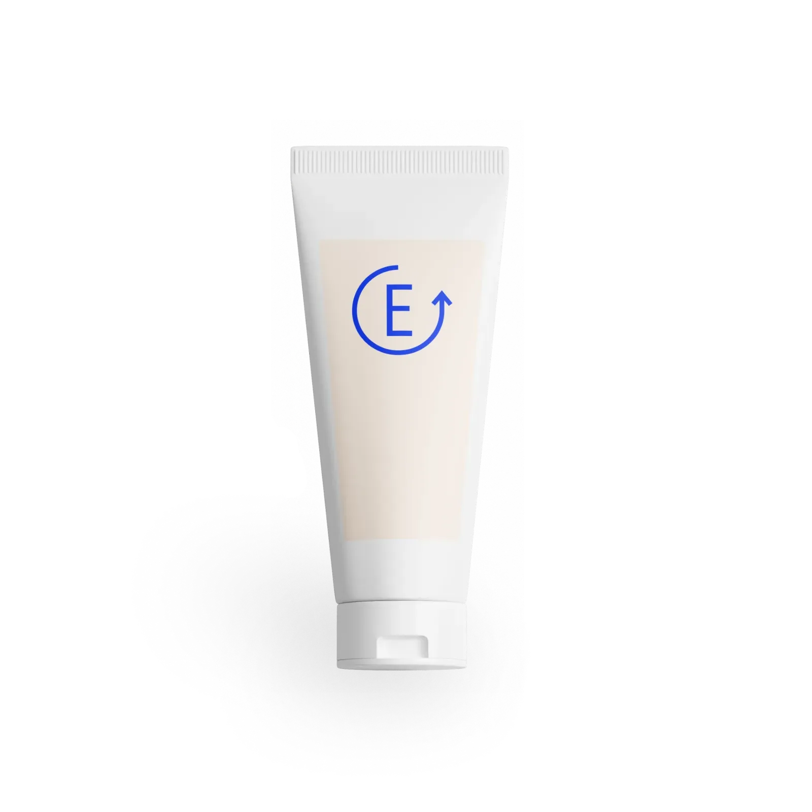 White tube of cream with a putty pink label and a blue letter E logo with an arrow.