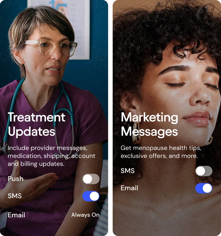Notification settings:
Treatment updates: Push, SMS, Email
Marketing messages: SMS, Email